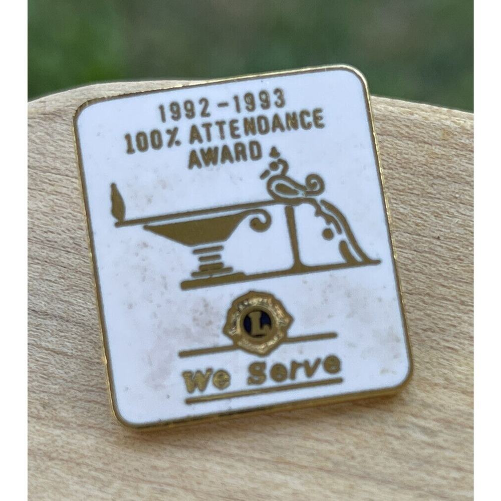 Lions Club Lapel Pin 1992-1993 100% Attendance Award We Serve 1"